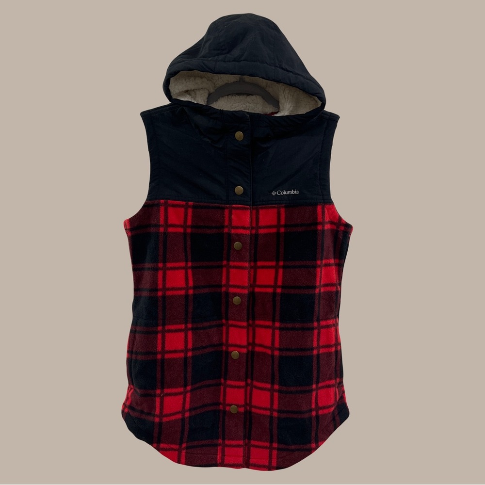 Columbia Red Gingham Fleece Hooded Vest